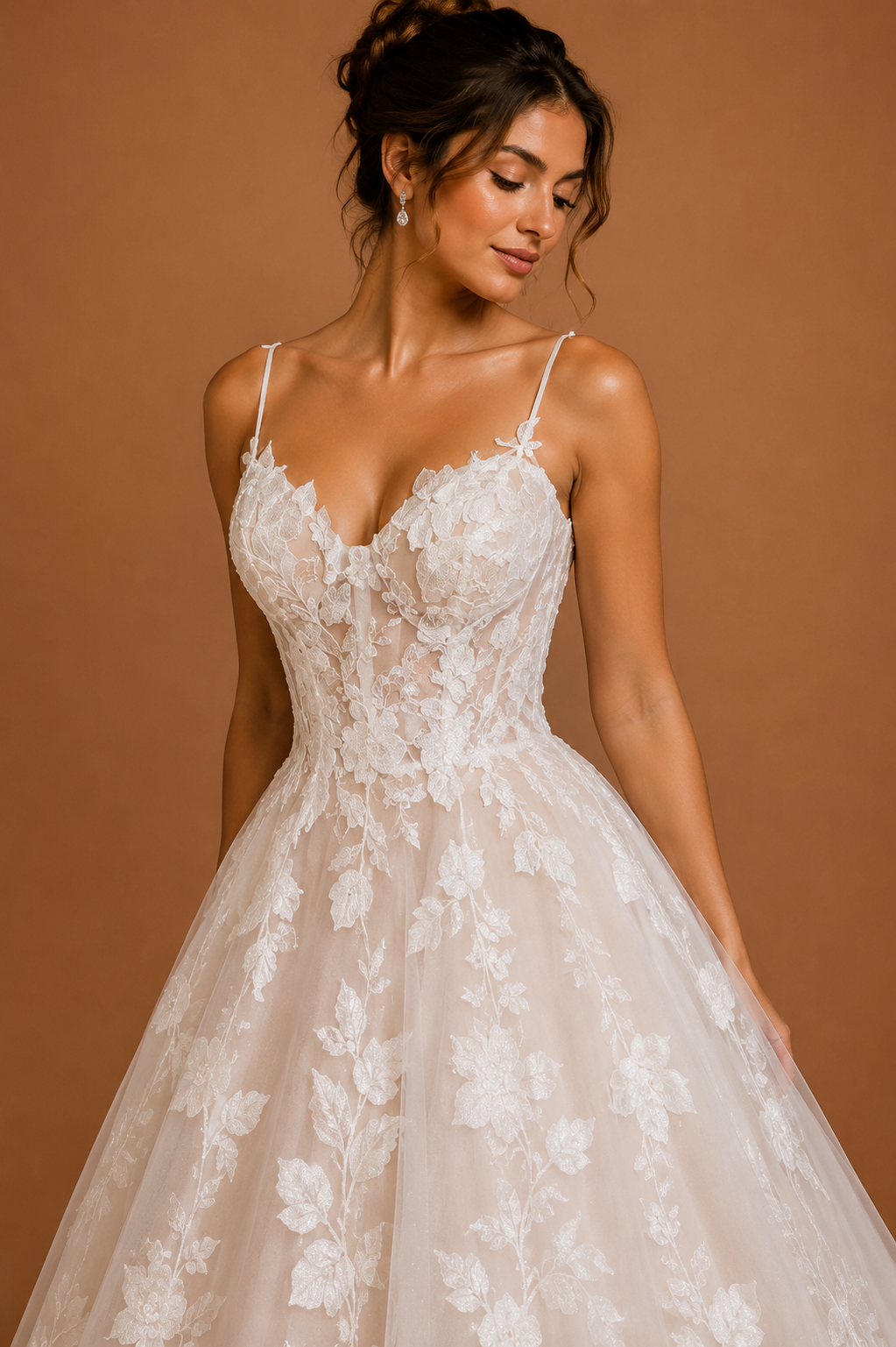 ELARIA | Floral Lace A-Line Wedding Dress Spaghetti Strap Bridal Gown with 3D Floral Appliqués &amp; Flowing Train