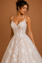 ELARIA | Floral Lace A-Line Wedding Dress Spaghetti Strap Bridal Gown with 3D Floral Appliqués &amp; Flowing Train