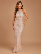 SERENZA | Sequin Halter Cold-Shoulder Beaded Mermaid Formal Evening Gown