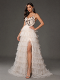VIVELLA | White Sequin Bodice Tiered Tulle Ball Gown