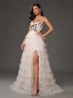 VIVELLA | White Sequin Bodice Tiered Tulle Ball Gown