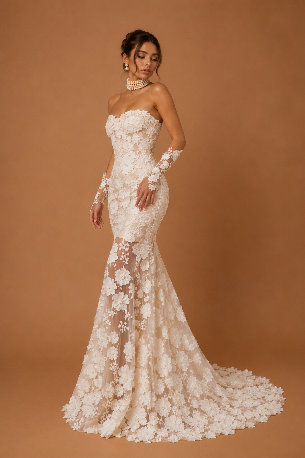 ORIELLA | Strapless 3D Floral Lace Mermaid Wedding Gown with Detachable Sleeves