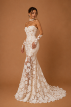 ORIELLA | Strapless 3D Floral Lace Mermaid Wedding Gown with Detachable Sleeves