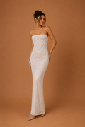 SOLENNE | Strapless Pearl Beaded Column Wedding Gown with Corset Back and Draped Embellishments