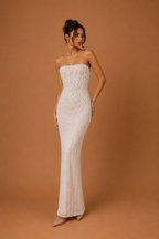 SOLENNE | Strapless Pearl Beaded Column Wedding Gown with Corset Back and Draped Embellishments