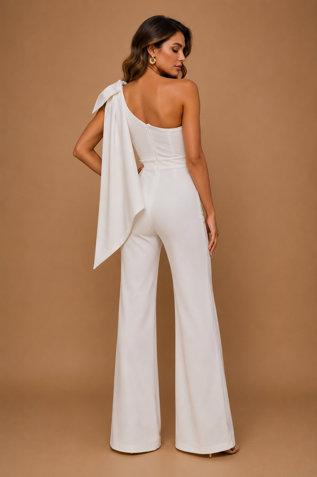 VALENZA | Ivory One-Shoulder Bow Wide-Leg Jumpsuit