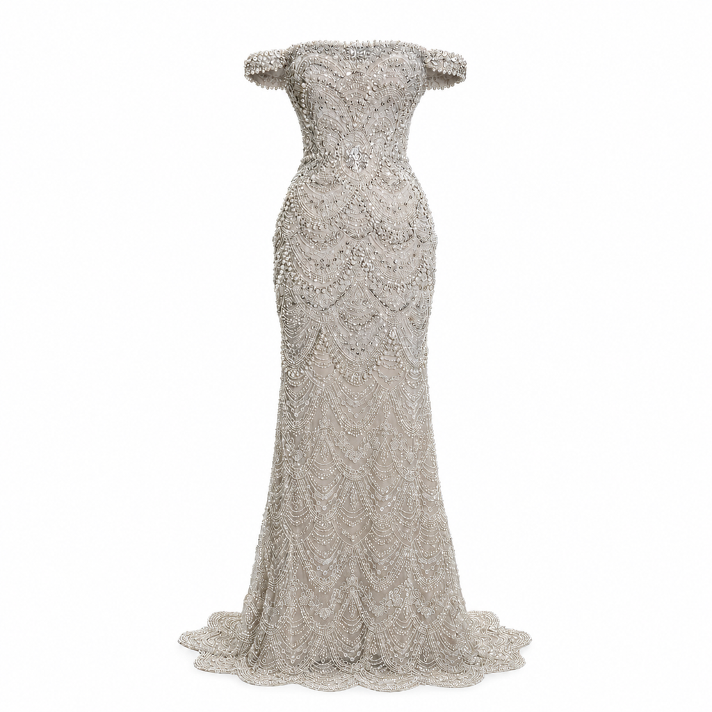 SERELLA | Silver Hand Beaded Off-Shoulder Mermaid Gown