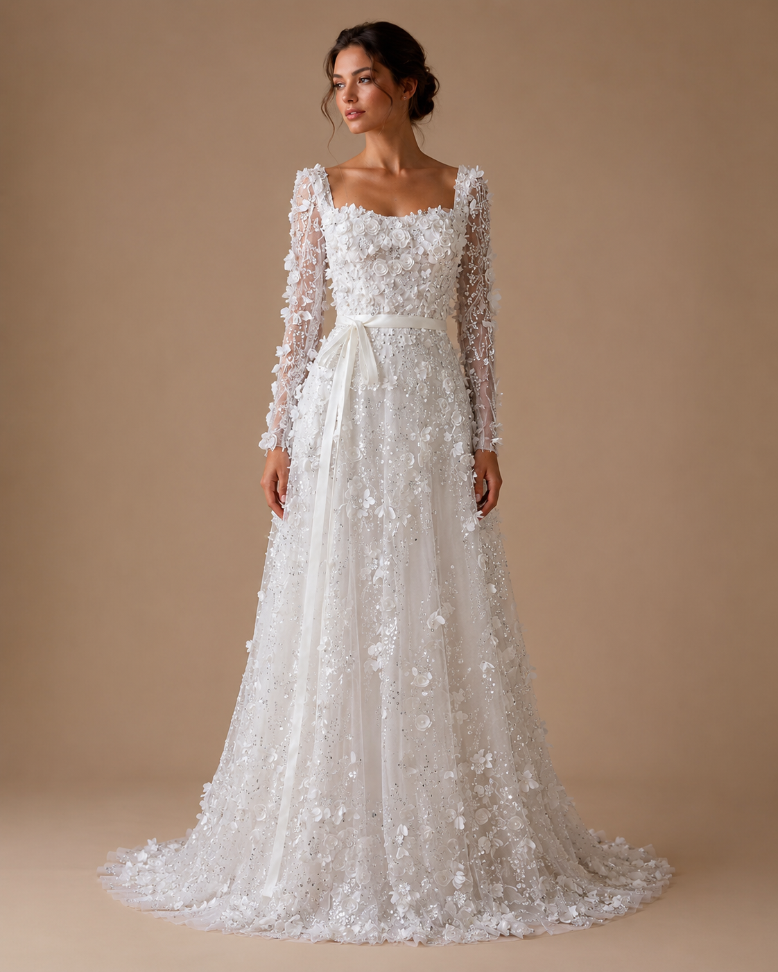 VELORIA | 3D Floral Beaded Long Sleeve A-Line Formal Gown