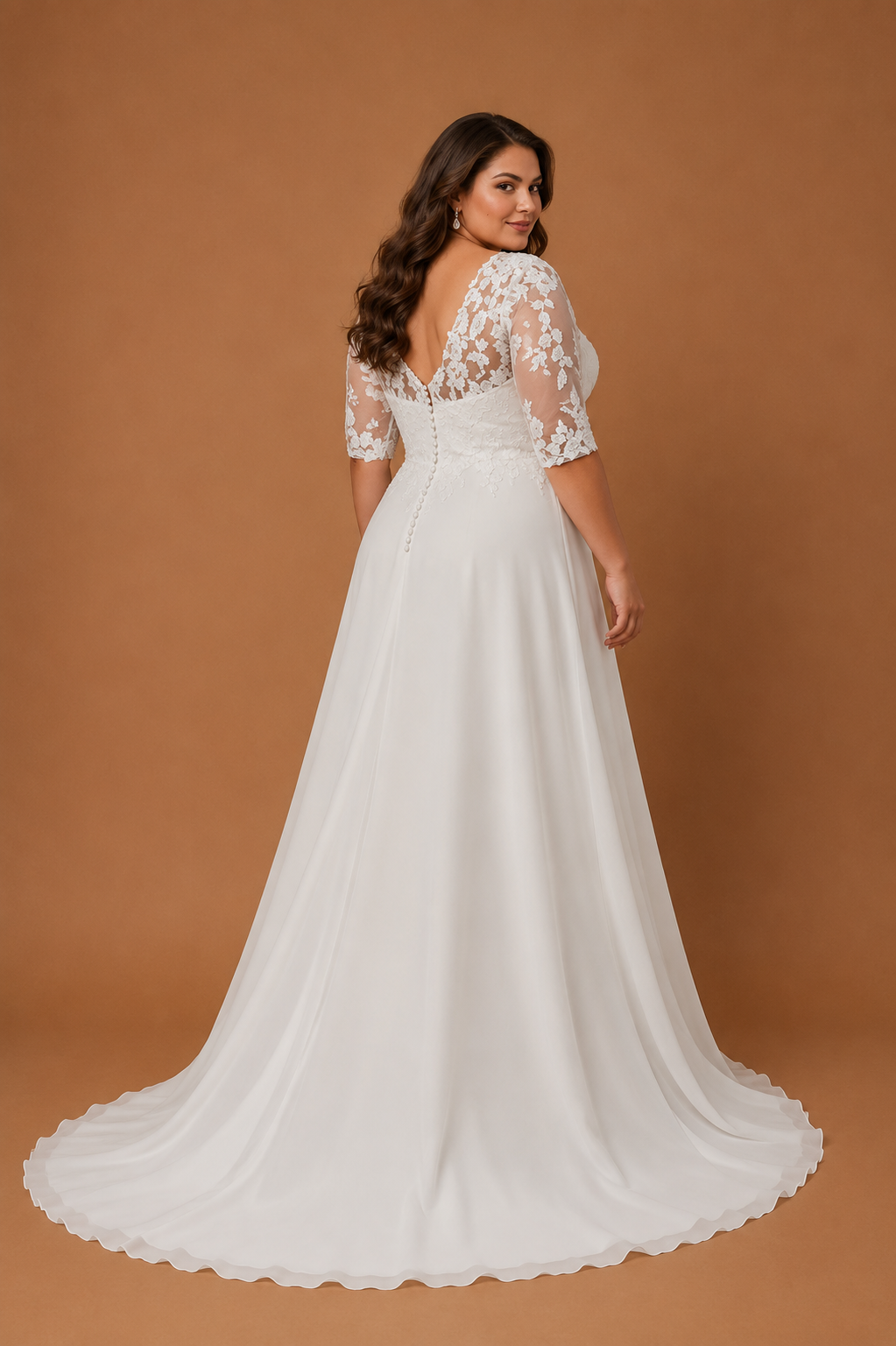 MARISTELLE | Plus Size V-Neck Lace Sleeve A-Line Wedding Dress with Chapel Train