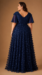 AMARIS | 3D Floral Flutter Sleeve Plus Size A-Line Evening Gown