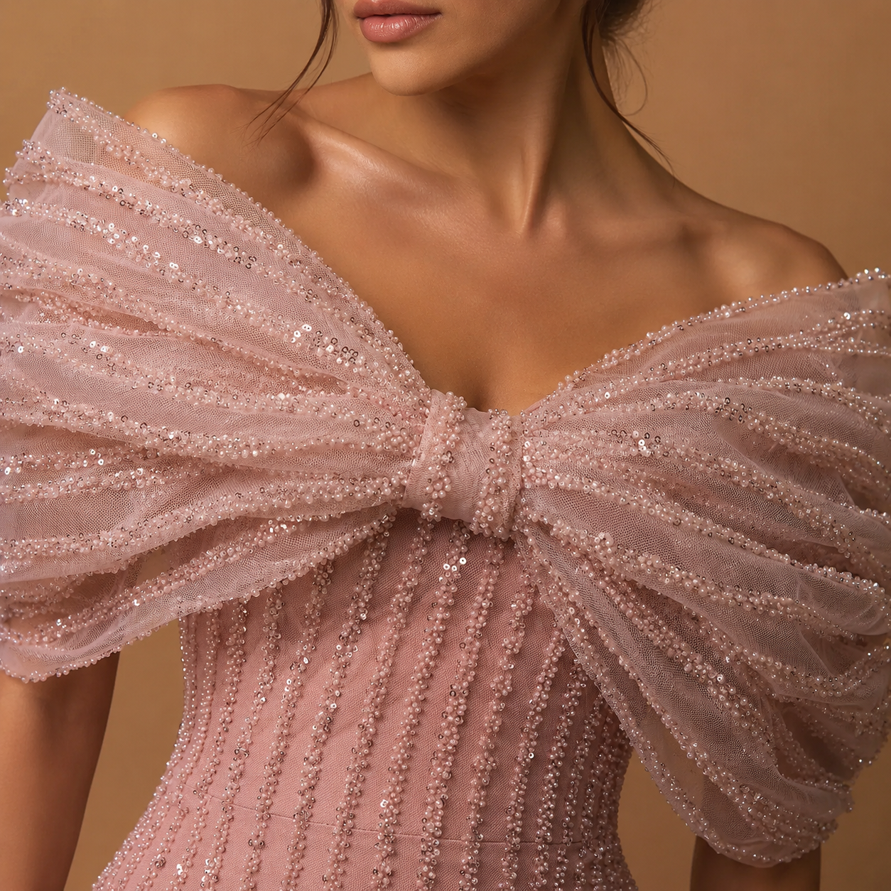 AMARIELLE | Beaded Bow Neck Off-Shoulder Column Evening Gown