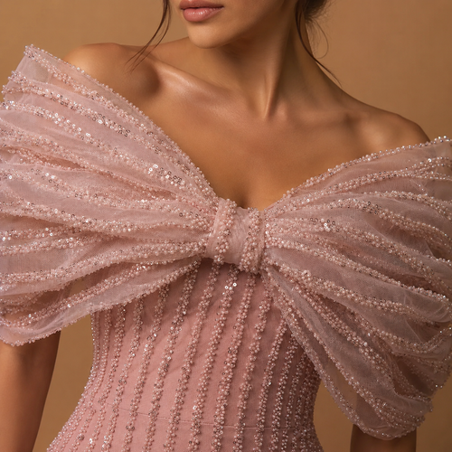 AMARIELLE | Beaded Bow Neck Off-Shoulder Column Evening Gown