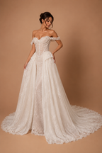 MARIELLA | Off-Shoulder Beaded Lace Corset A-Line Wedding Gown with Draped Pearls and Cathedral Train