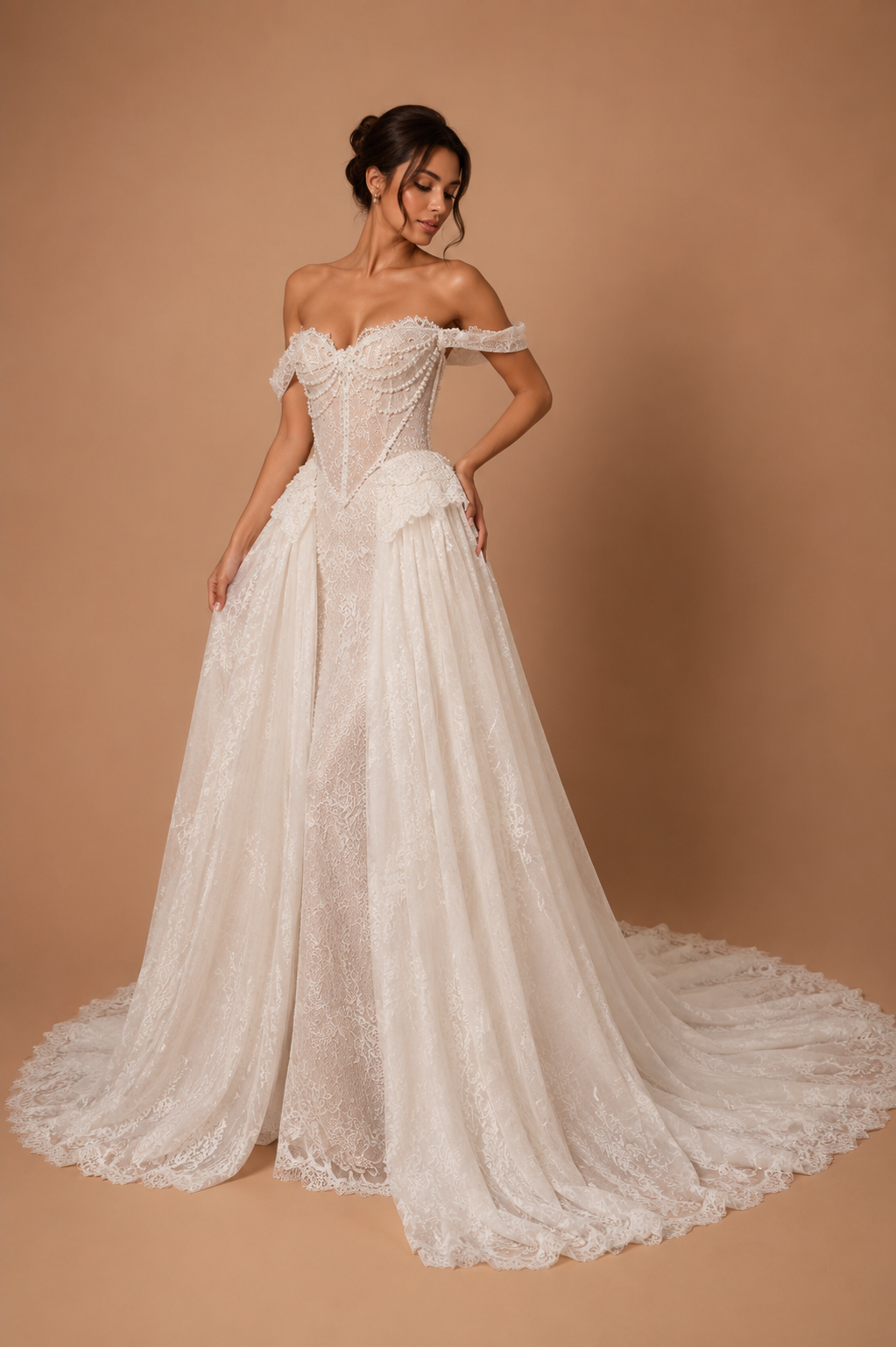 MARIELLA | Off-Shoulder Beaded Lace Corset A-Line Wedding Gown with Draped Pearls and Cathedral Train