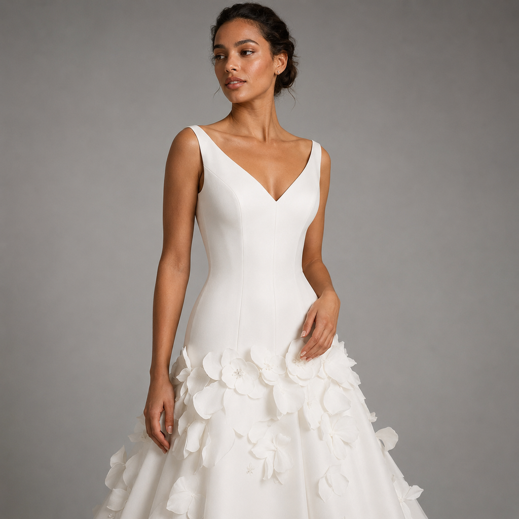 SOLENNE | 3D Floral Appliqué Drop-Waist V-Neck Ball Gown Wedding Dress