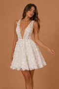 AMARIELLE | 3D Floral Appliqué A-Line Mini Dress with Open Scoop Back