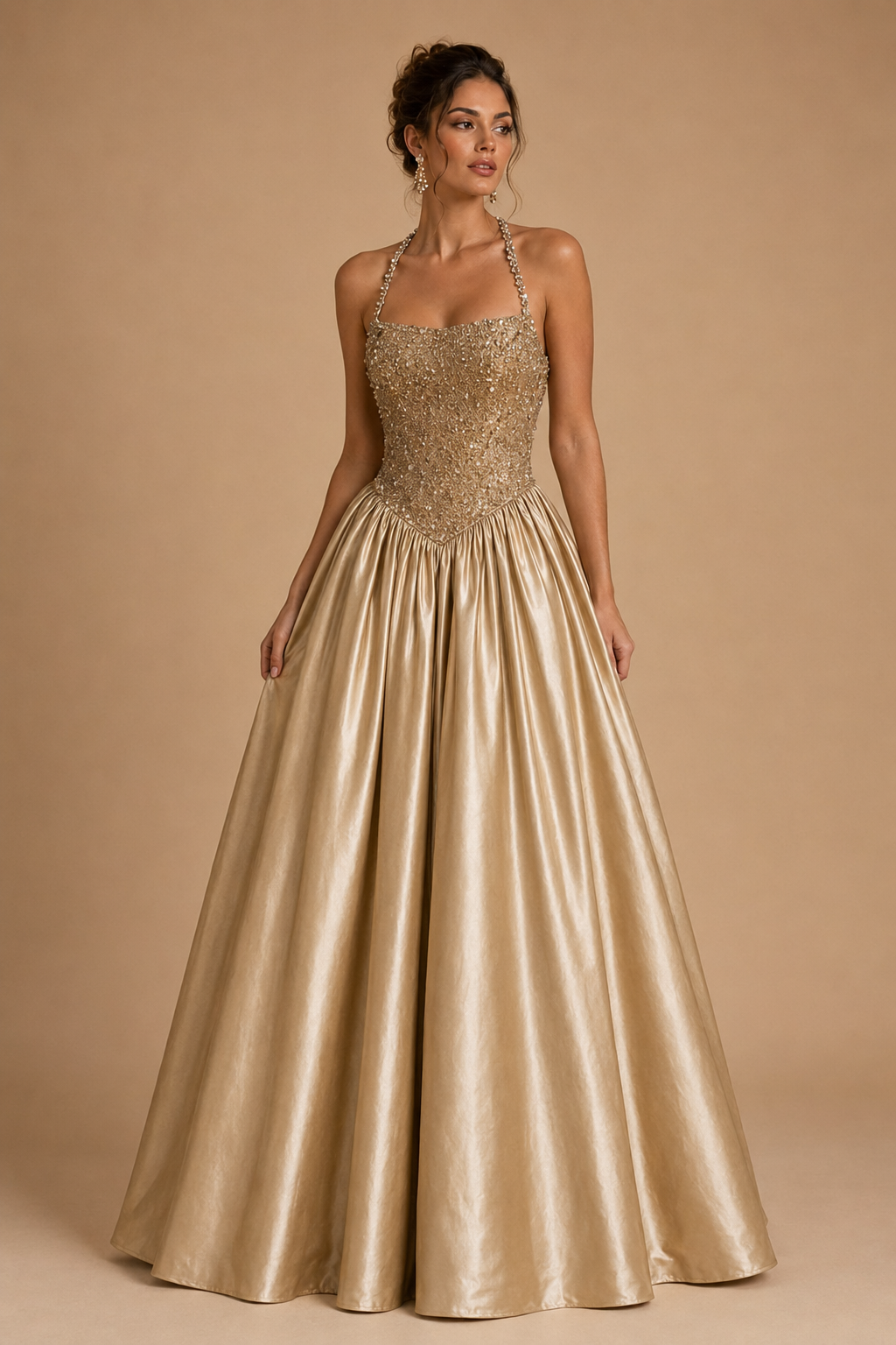 AMARA | Champagne Gold Beaded Halter Satin Ball Gown