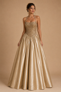 AMARA | Champagne Gold Beaded Halter Satin Ball Gown