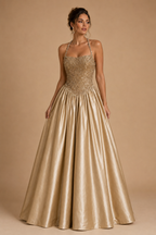AMARA | Champagne Gold Beaded Halter Satin Ball Gown