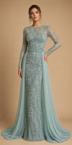 ELARA | Crystal Beaded Long Sleeve Tulle Overskirt Evening Gown