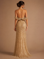 EVANTHIA | Pearl Beaded Off-Shoulder A-Line Formal Evening Gown