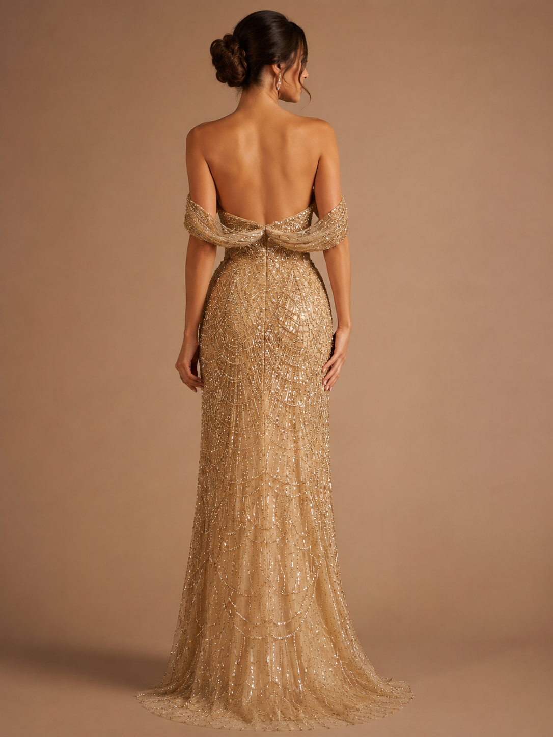 EVANTHIA | Pearl Beaded Off-Shoulder A-Line Formal Evening Gown