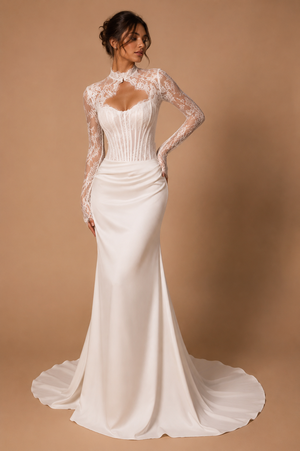EVANGELINE | High-Neck Lace Corset Long Sleeve Mermaid Wedding Gown with Keyhole Bodice &amp; Draped Satin Skirt