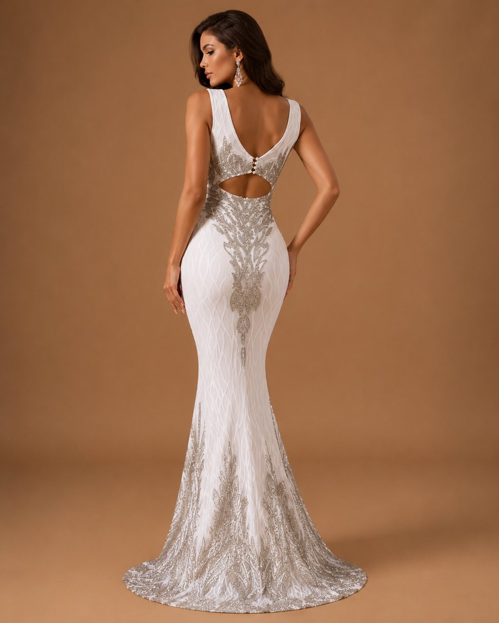 SELENE | White and Silver Sequin Illusion-Waist Mermaid Evening Gown