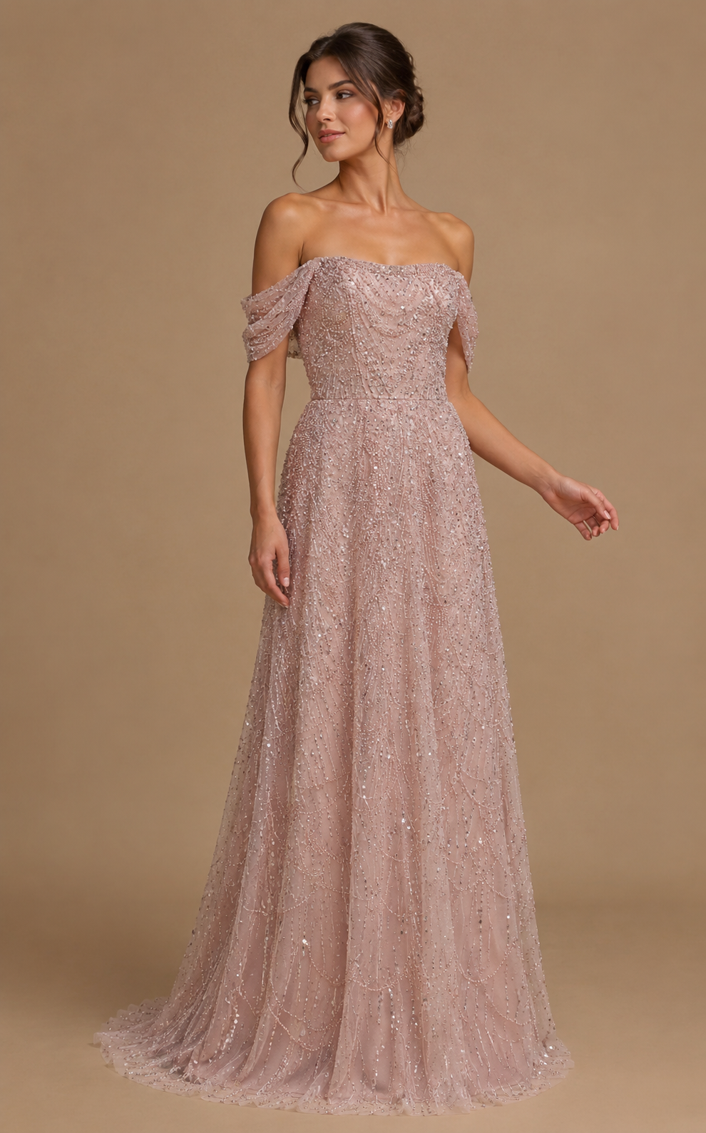 EVANTHIA | Pearl Beaded Off-Shoulder A-Line Formal Evening Gown