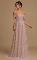 EVANTHIA | Pearl Beaded Off-Shoulder A-Line Formal Evening Gown