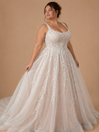 ELYSARA | Plus Size Floral Lace Glitter Tulle A-Line Wedding Dress