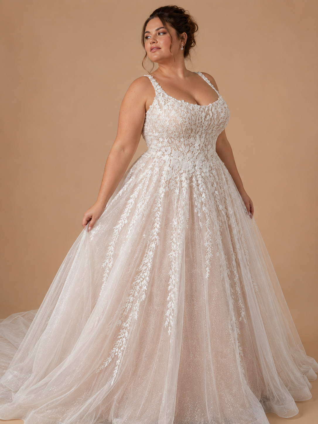 ELYSARA | Plus Size Floral Lace Glitter Tulle A-Line Wedding Dress