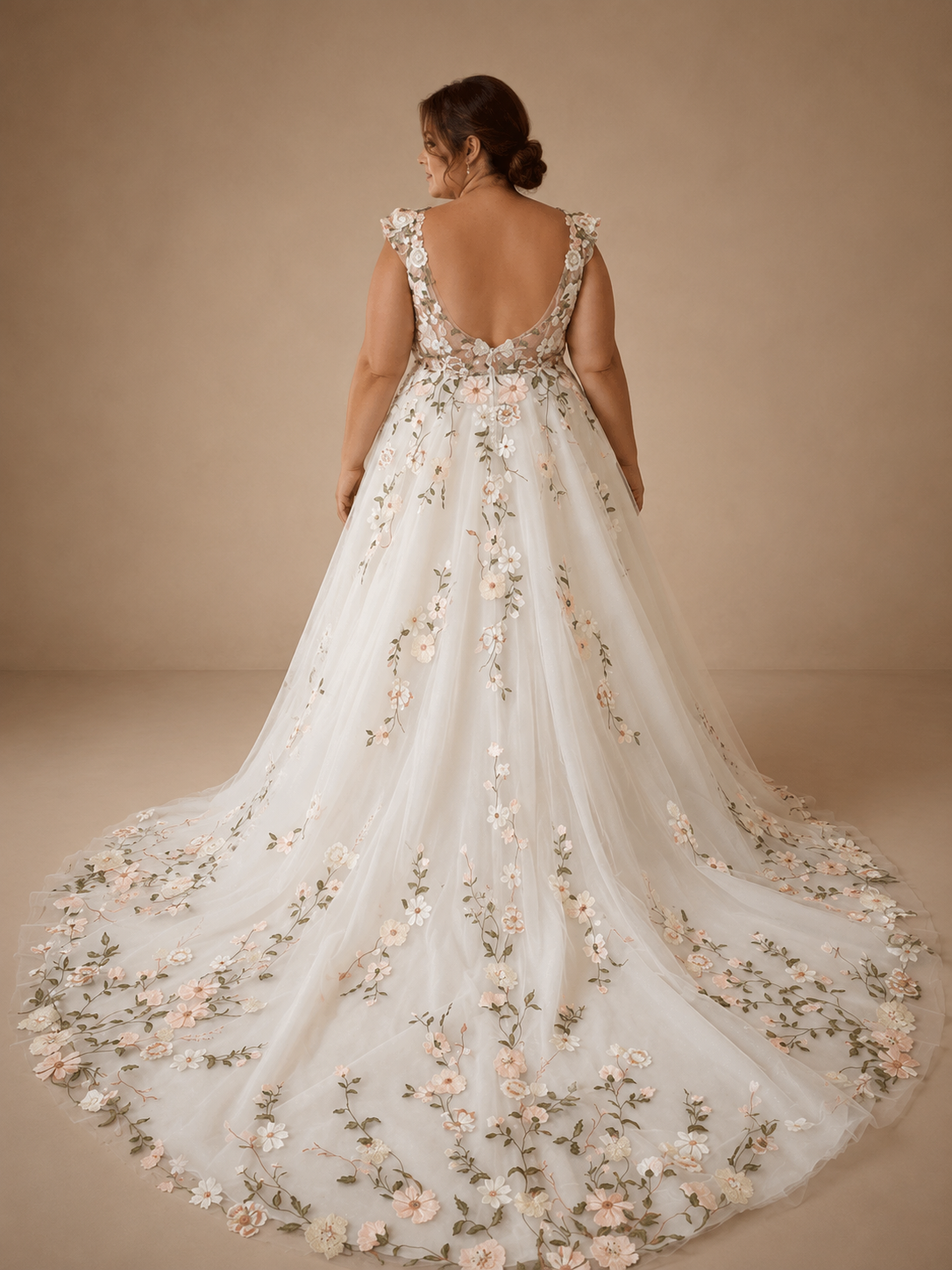 AURELIA | Plus Size Floral Cap Sleeve V-Neck A-Line Wedding Dress with Court Train