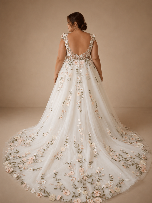 AURELIA | Plus Size Floral Cap Sleeve V-Neck A-Line Wedding Dress with Court Train