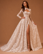 EVELINA | Vintage Lace Long Sleeve Open Back A-Line Wedding Dress Bridal Gown
