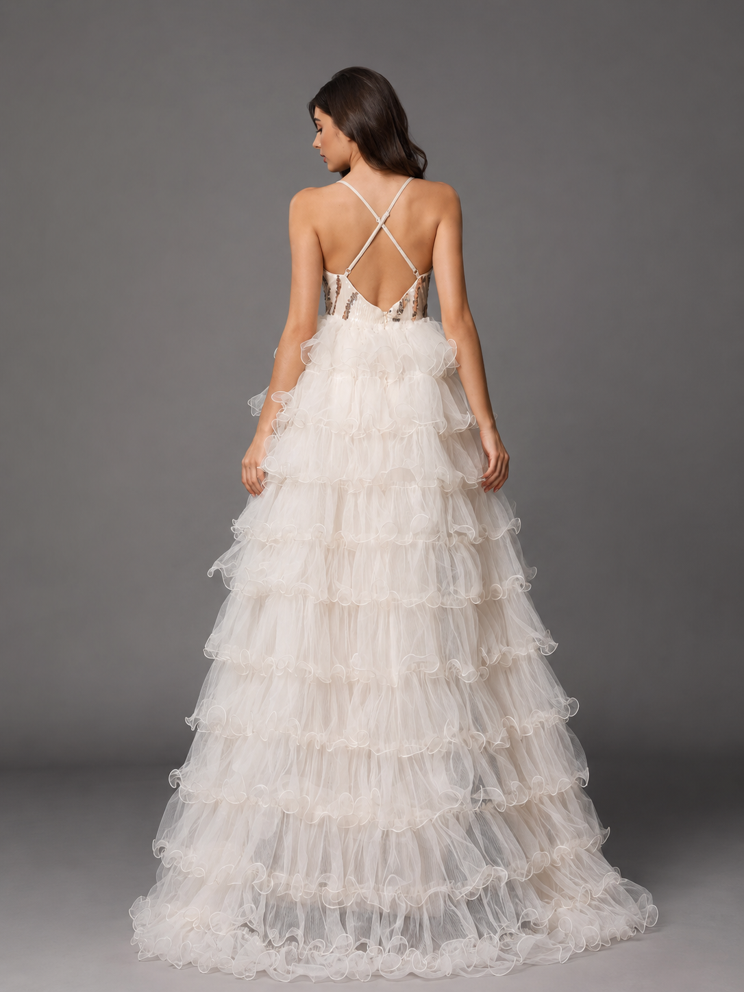 VIVELLA | White Sequin Bodice Tiered Tulle Ball Gown