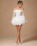 CORALIE | Off-Shoulder Lace Corset Ruffle Rosette Couture Mini Dress
