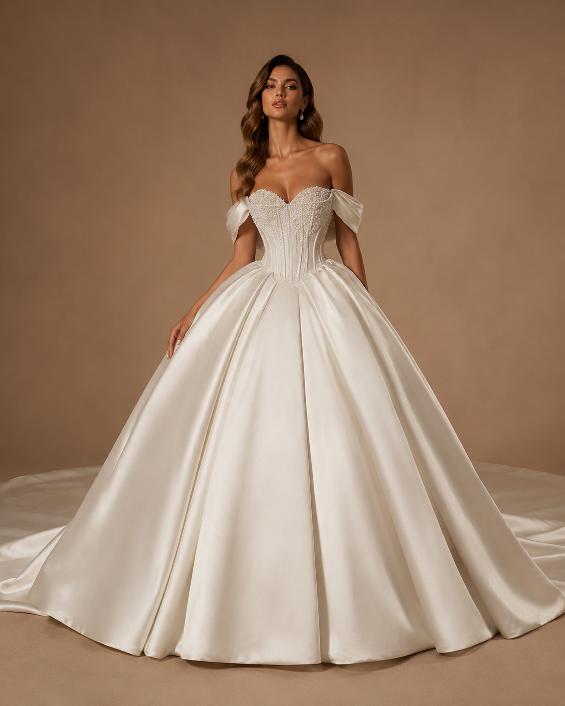 CAMILLA | Off-Shoulder Beaded Corset Satin Ball Gown Wedding Dress