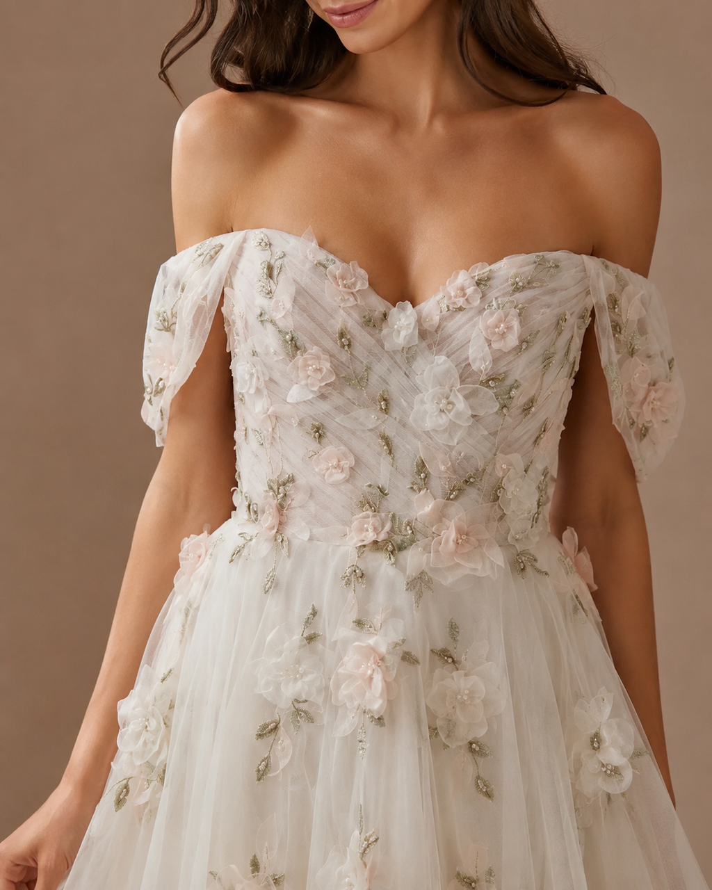 ELOWEN | Romantic Off-Shoulder Floral Lace A-Line Wedding Dress with Sweetheart Corset Bodice and Cathedral Train