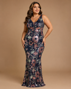 MARCELLA | Plus-Size Navy Floral Sequin V-Neck Mermaid Evening Gown