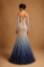 ZARELLE | Beaded Illusion Long Sleeve Ruffle Mermaid Evening Gown