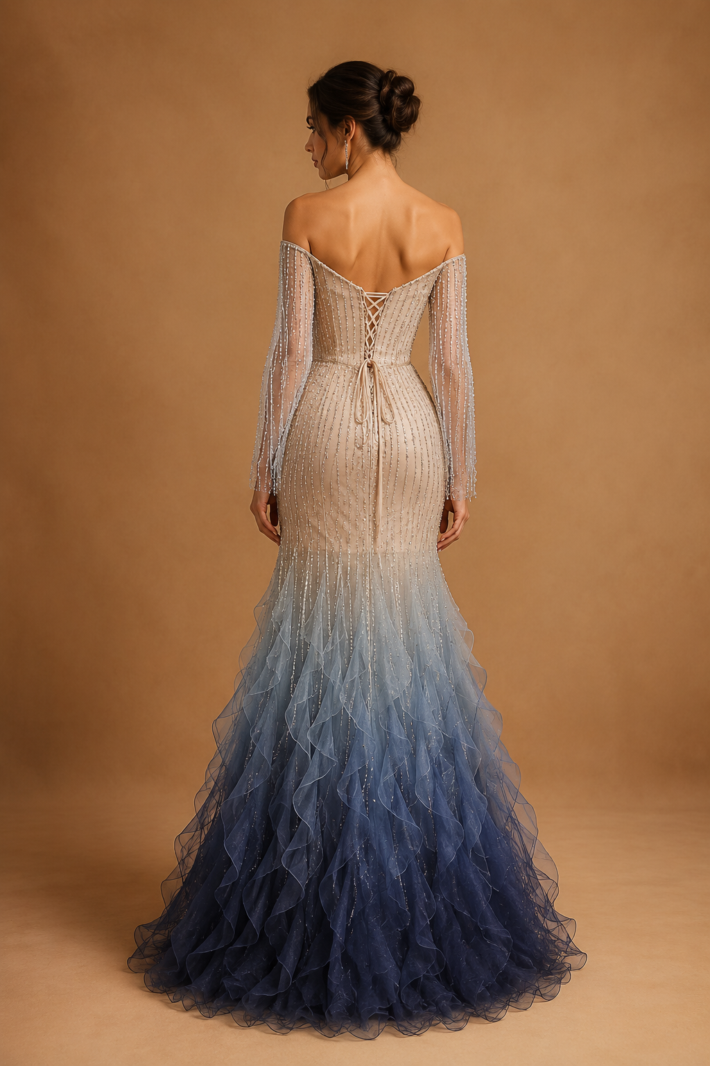 ZARELLE | Beaded Illusion Long Sleeve Ruffle Mermaid Evening Gown