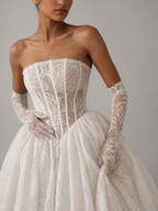 ELYSARA | Strapless Lace Corset Basque-Waist Ball Gown Wedding Dress with Gloves