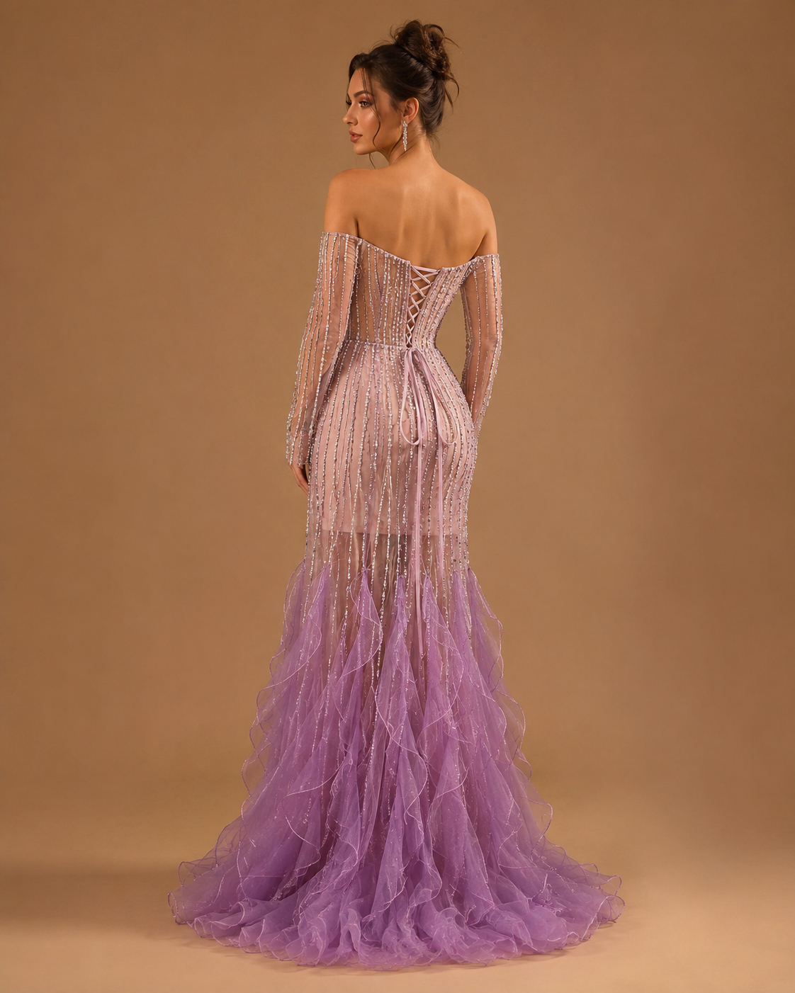 ZARELLE | Beaded Illusion Long Sleeve Ruffle Mermaid Evening Gown