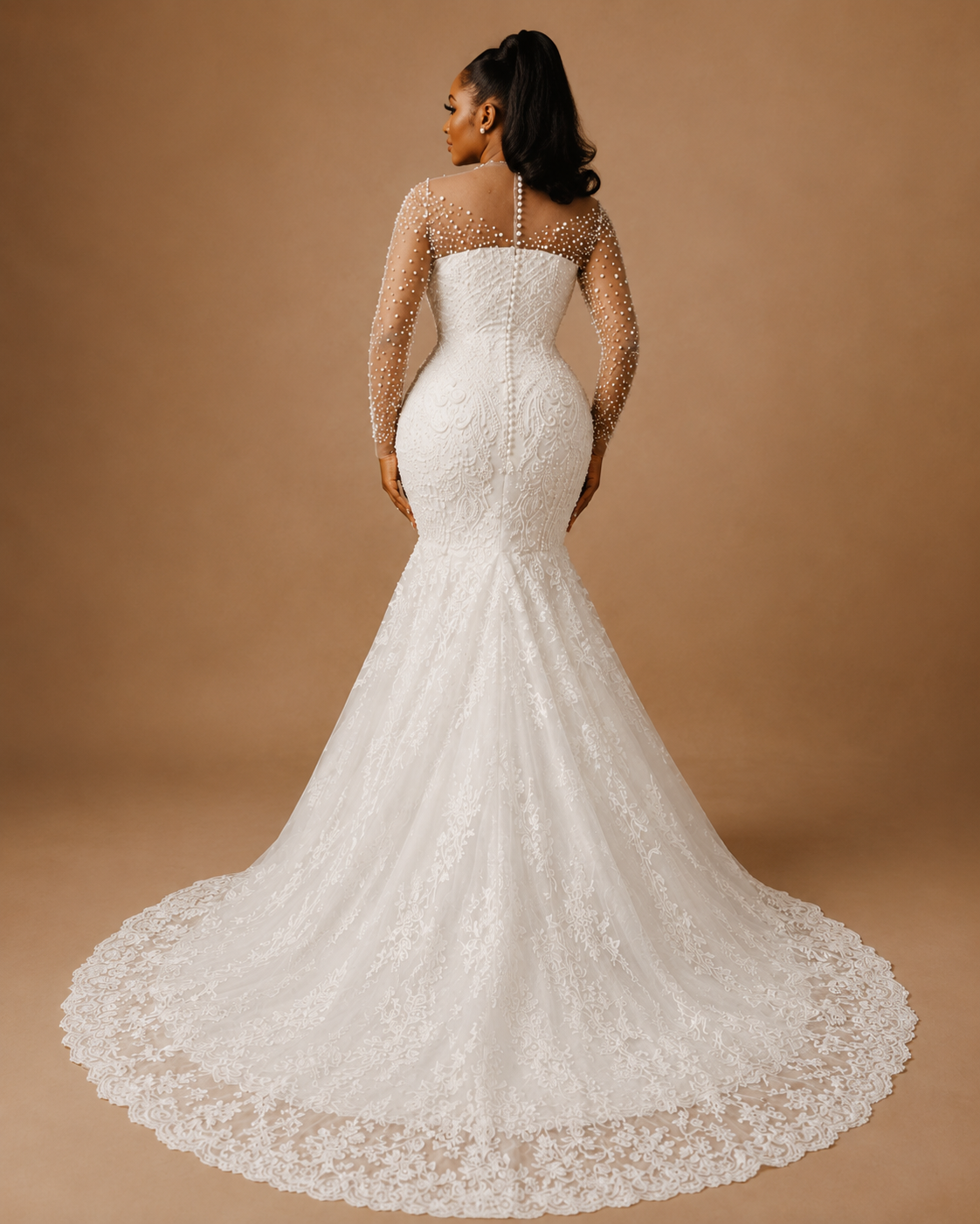 OPHELIA | Beaded Lace Illusion Neck Long Sleeve Mermaid Wedding Dress Bridal Gown