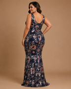 MARCELLA | Plus-Size Navy Floral Sequin V-Neck Mermaid Evening Gown