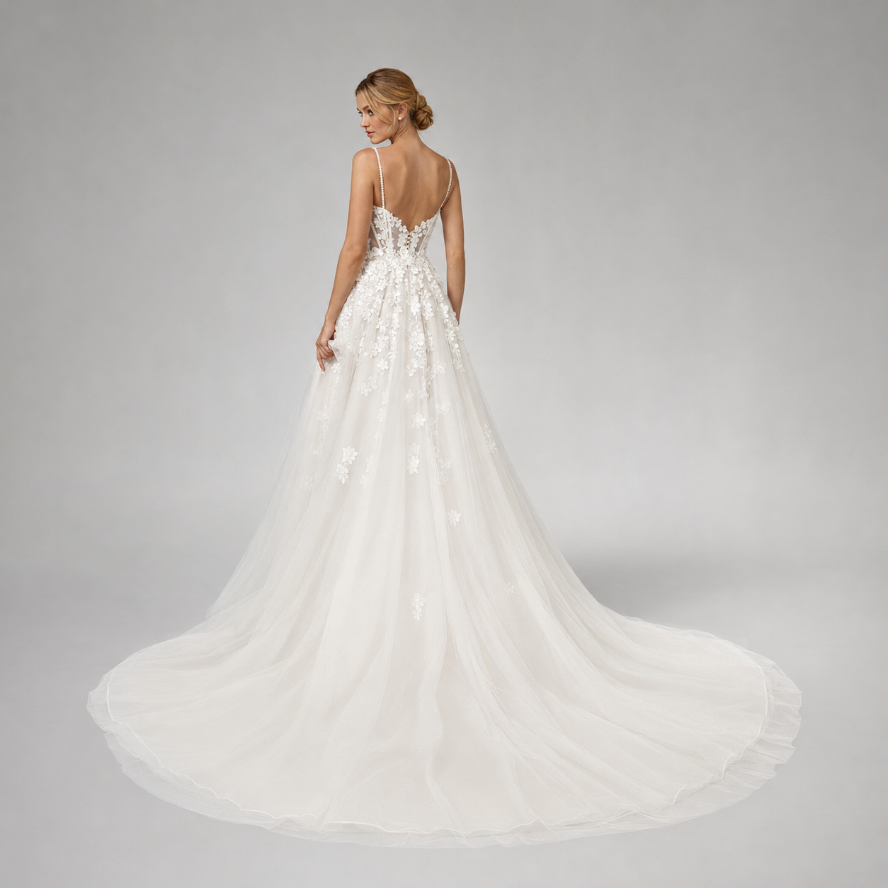 AVENLIE | Floral Lace Spaghetti-Strap Sheer Corset A-Line Wedding Dress with Train