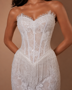 LIVARA | Pearl Fringe Strapless Lace Corset Couture Mini Dress
