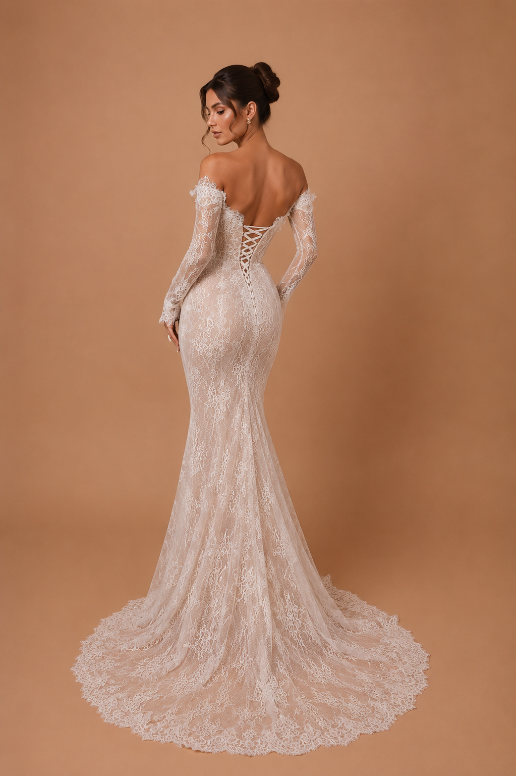 VALERIA | Long Sleeve Lace Corset Mermaid Wedding Gown with Sculpted Neckline and Chapel Train