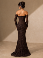 ISOLDE | Dark Brown Strapless Sequin Mermaid Prom Dress with Detachable Lace Sleeves